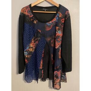 Calessa Tunic Top Womens 2X Multicolor Floral Crochet Long Sleeve Boho Artsy